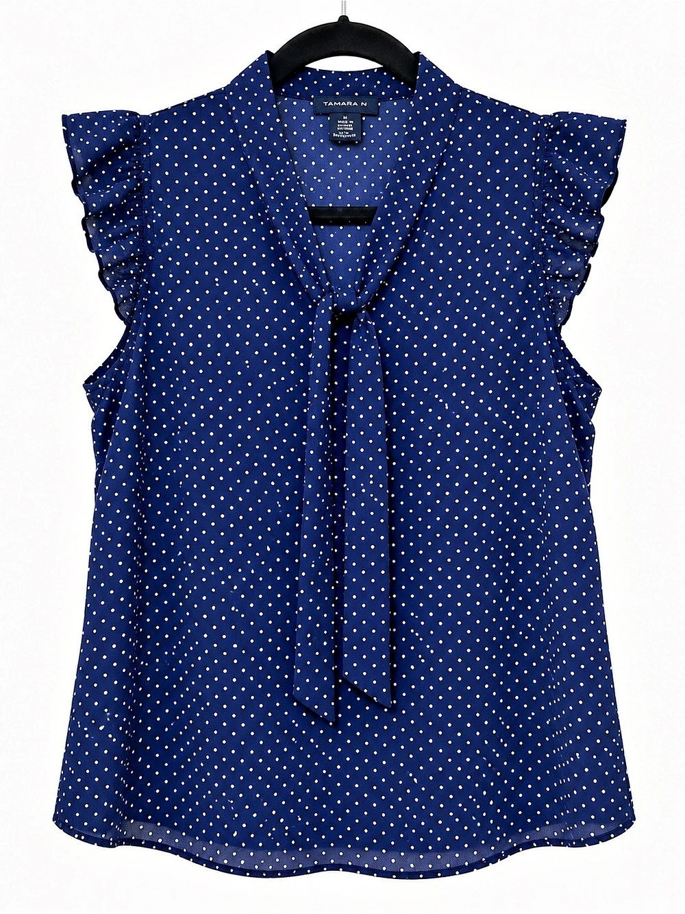 Tamara H Polka Dot Tie Neck Ruffle Sleeve Blouse in Blue